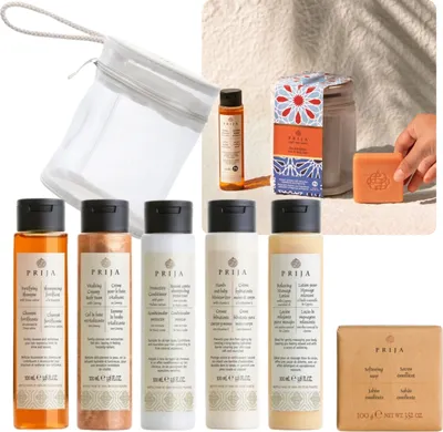 Produktbild von PRIJA Reisese: Shampoo, Spülung, Balsam, Seife, Schaum in einer Kosmetiktasche