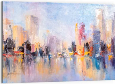 Produktbild von DEQORI Glasbild Echtglas 90x60 cm 'Wolkenkratzer am Wasser' Wandbild Bild modern Deko