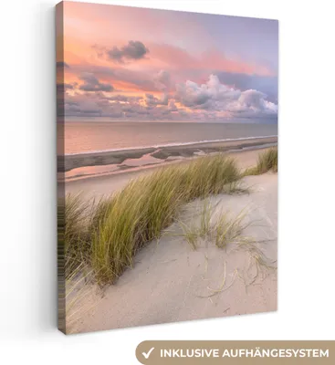 Produktbild von MuchoWow® - Leinwandbilder - Strand - Meer - Dünen - Niederlande - Rosa, Wandbild, Wanddeko Bilder Wohnzimmer, 30x40cm