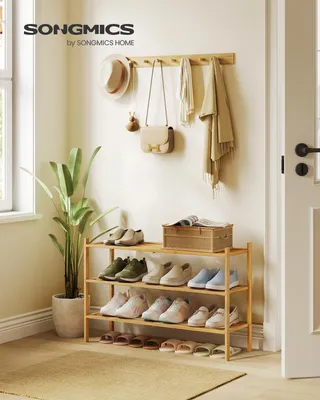 Produktbild von SONGMICS Bambus Schuhständer, stapelbares Schuhregal 3 Ebenen, platzsparend für Flur, Schlafzimmer, Wohnzimmer, naturfarben