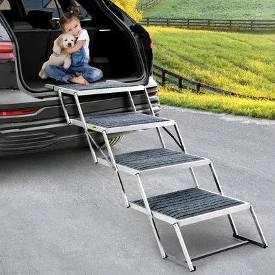 Productafbeelding van Hondentrap voor in de auto, extra breed, met 4 treden, inklapbaar, antislip, geschikt tot 100 kg, aluminium