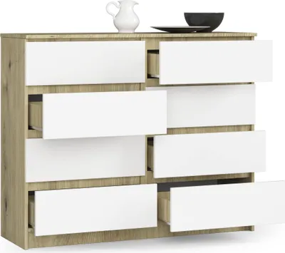 Zdjęcie produktu dla BDW, komoda z 8 szufladami, 120x99x40 cm, dużo miejsca do przechowywania, dąb Artisan - biały