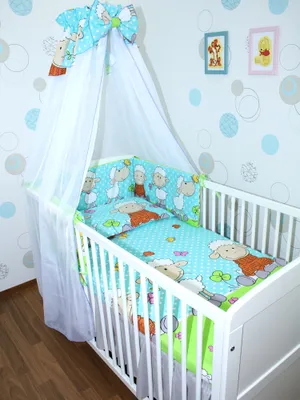 Produktbild von Primawela Baby Bettwäsche Set Bettset - 6 teiliges Set mit Chiffon Himmel Nestchen 22. Schaf Türkis