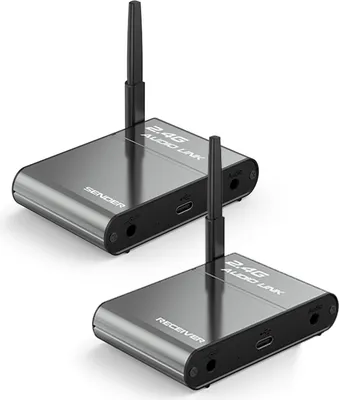 Two wireless audio sender and receiver units are shown against a white background.