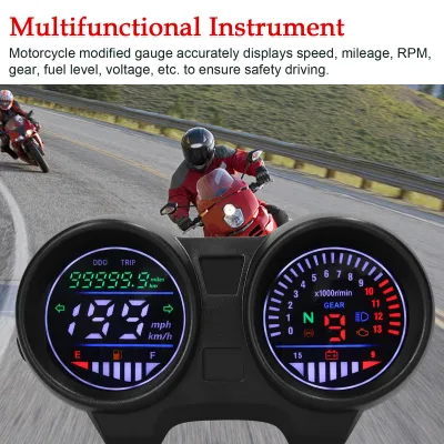 Image de Compteur de vitesse et compteur kilométrique pour moto, à LED, 13000 RPM, 199 KM/H, avec tachymètre électrique, indicateur de carburant, voltmètre 12 V, indicateur de vitesse, lumière de signalisation et alarme clignotante