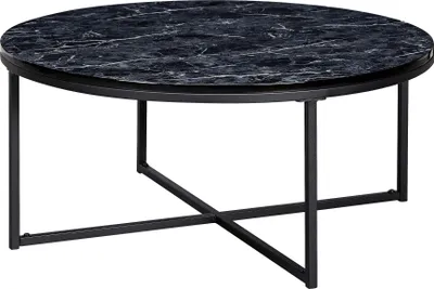 Couchtisch Rund Marmoroptik Schwarz mit runder schwarzer Marmorplatte und X-förmigem Metallgestell.