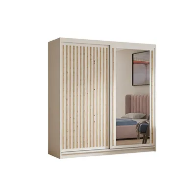 Productafbeelding van Kledingkast Dora met lamellen en spiegel, 100 cm breed, inclusief 2 schuifdeuren. Schuifdeurkledingkast (kleur: kasjmier, kasjmier, lamellen artisan)