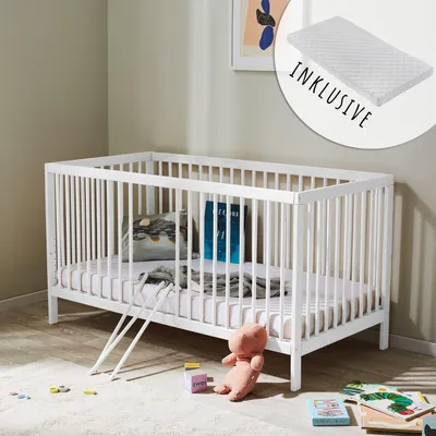 Image de Lit bébé lit d'enfant lit à barreaux réglable en hauteur & barreaux amovibles bois de hêtre très stable, avec matelas, blanc, 70x140 cm
