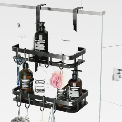 Produktbild von 2-stöckiges Duschablage zum Hängen mit 8 Haken Duschablage ohne Bohren Schwarz Duschregal zum Hängen mit 2 Saugnäpfen Shower Shelf Stabil für Badezimmer Geeignet für Türrahmen ≤ 5 cm