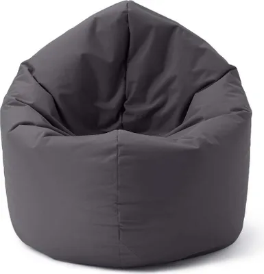A dark gray beanbag chair is shown against a white background.
