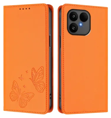 Image de Étui en cuir pour Fairphone 6, motif papillon en relief, étui portefeuille à rabat avec support, orange