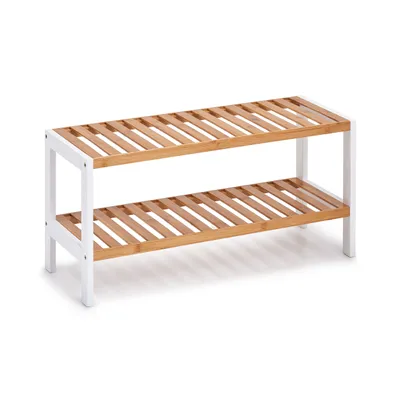 Zdjęcie produktu dla Stojak na buty, półka z bambusa i metalu, kompaktowa szafka na buty.