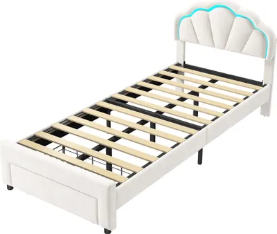 Produktbild von Moonbite Kinderbett Mädchen 90x200 cm Blütenform, weißer Samt mit LED und Schublade, Einzelbett