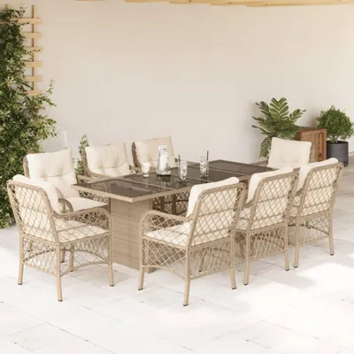 Produktbild von Design 9-tlg. Garten-Essgruppe mit Kissen Beige Poly Rattan, Gartenmöbel-Sets 2024 Neu