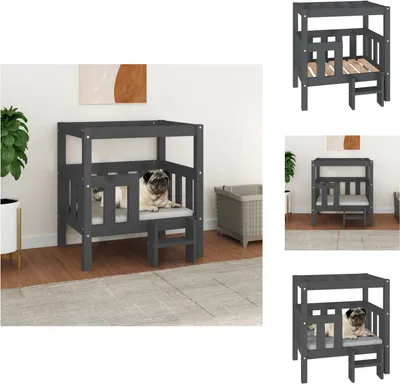 A collage of images showing a grey wooden dog bed with a pug inside.