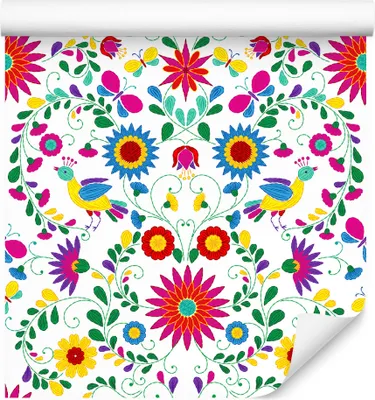 Zdjęcie produktu dla Tapeta Dekoracja Ścienna folk kwiaty liście ptaki natura Ozdoba do salonu z efektem 3D