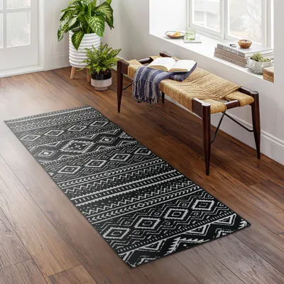 Produktbild von Teppichläufer 60x180 cm, schwarz (Onyx Lattice) rutschfester Teppich für Diele, Küche, Schlafzimmer und Wohnzimmer, moderner Flurteppich lang, hochwertiger Küchenteppich Björn&Schiller