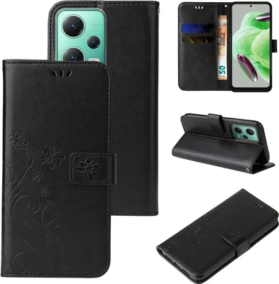 Produktbild von Handyhülle für Xiaomi Redmi Note 12 5G Floral Blumen Schmetterling Flip Cover Hülle Case Klapphülle Handytasche Farbe: Schwarz