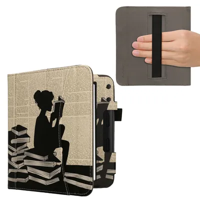 Produktbild von kwmobile Flip Hülle kompatibel mit Kobo Kobo Libra Colour / Tolino Vision Color - Vorderfach Handschlaufe - Lesende Frau Schwarz Beige