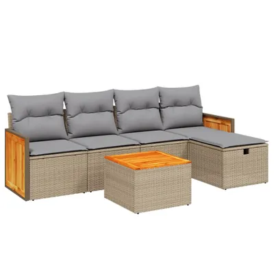 Image de ensemble de salon de jardin 6 pièces avec coussins Beige Poly Rattan