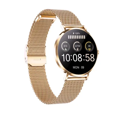 A gold smartwatch with a mesh band is shown against a white background.