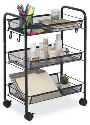 Produktbild von Relaxdays Rollwagen, 3 Mesh-Etagen, Servierwagen, Küchenwagen Bad & Büro, HBT 63x44,5x26 cm, Bastelwagen Metall, schwarz