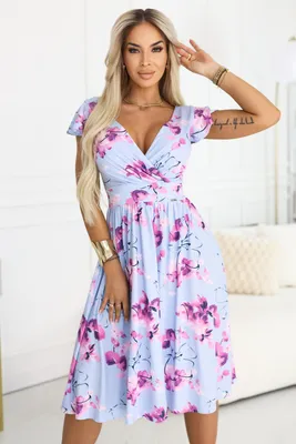 Produktbild von Elegantes Midikleid mit Wickelausschnitt und rosa Blumen Blau M