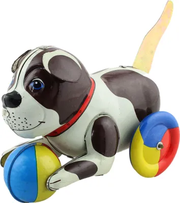 Produktbild von Zinnspielzeug - Hund mit buntem Ball - Hund aus Zinn