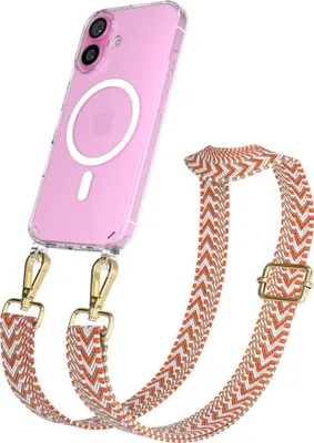 Produktbild von EAZY CASE - Handykette mit MagSafe Hülle für Apple iPhone 16, Handyband ZigZag Style,Karabiner Gold, Umhängeband in Beige