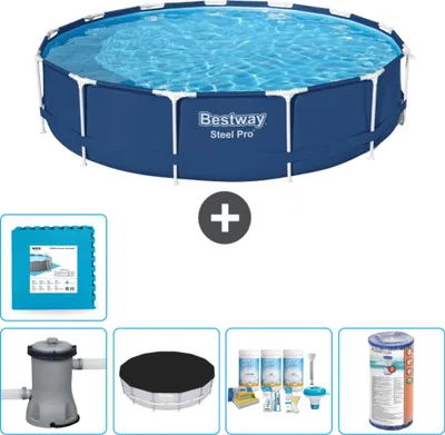 Produktbild von Bestway Round Steel Pro Swimmingpool – 396 x 84 cm – Blau – inklusive Pumpe Abdeckung - Wartungspaket - Filter - Bodenfliesen