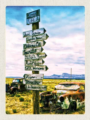 Produktbild von vianmo Holzschild 40x30 cm Amerika USA Route 66 Oldtimer Gebirge Bildmotiv Reisemotiv