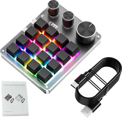 Produktbild von Anpassbare Programmiertastatur 16 Tasten 3 Knöpfe USB Kabelgebundene Lautstärkeregelung Gaming Keypad Schwarz