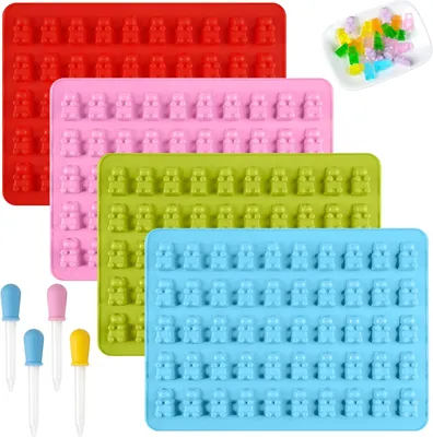 Produktbild von 4-teilige Silikonform für Gummibärchen, Süßigkeiten, Schokolade und Eiswürfel | BPA-freie Gummibärchenformen mit 4 Pipetten, wiederverwendbares Set zum Selbermachen