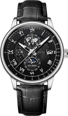 A close-up studio shot of a men's wristwatch with a black dial and leather strap.
