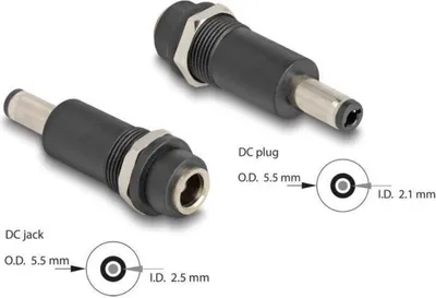 Produktbild von Delock - Adapter für Power Connector - Gleichstromstecker 5,5 x 2,5 mm (W) zu Gleichstromstecker 5,5 x 2,1 mm (M) - Schwarz