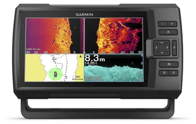 A Garmin Striker Vivid 9sv fishfinder/GPS unit is shown from the front, displaying various sonar and map data on its screen.