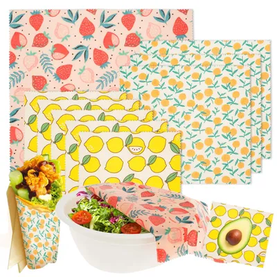 Image de Lot de nappes en cire d'abeille - Réutilisables, en Coton - Pour la conservation des aliments - 9 pièces (5 petites, 3 moyennes, 1 grande) - Motifs de fruits rouges