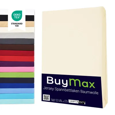 Produktbild von Buymax Topper Spannbettlaken Jersey Spannbetttuch 100% Baumwolle Bettlaken bis 12 cm Matratzenhöhe, 140x200 cm, Creme