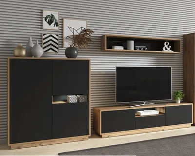 Produktbild von Wohnwand inkl. LED Beleuchtung ALBANY-83 in Taurus Eiche Nb. mit schwarz matt, B/H/T: ca. 316/180/40 cm