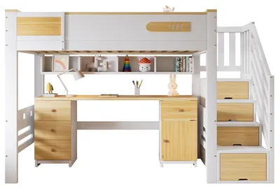 Produktbild von Hochbett mit Schreibtisch, Rausfallschutz, Lattenrost und Stauraum, 90x200 cm, Kinderbett, Kiefer