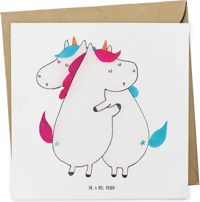 Produktbild von Mr. & Mrs. Panda Grußkarte Einhörner Umarmen - Weiß - Geschenk, Glückwunschkarte, Unicorn, Einhorn, faltkarte, Freundin, Liebe, Familie, anlasskarte, doppelkarte