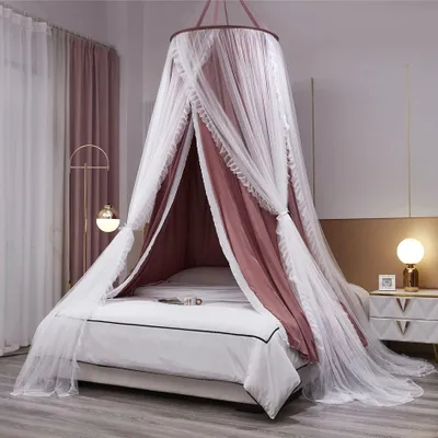 Imagen del producto de Dosel para cama redonda, de doble capa, con mosquitera, color marrón/blanco, para niñas, para el dormitorio