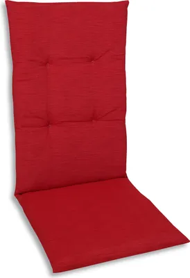 A red chair cushion is shown against a white background.