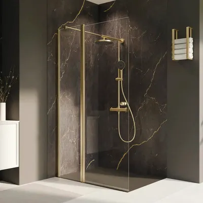 Produktbild von Walk In Drehtür mit Festteil BREUER Elana 2.0 rund 160 cm Profil gold Klarglas Seitenwandanschlag links