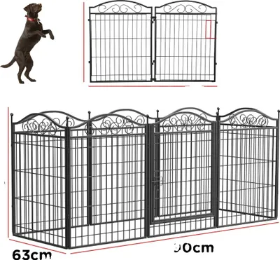 A dog jumping next to a diagram of a dog fence, and a full view of the dog fence.