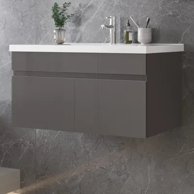 Produktbild von 80cm Mineralguss Waschtisch mit Unterschrank Badmöbel Set mit Türs Soft-close - Hochglanz Anthrazit