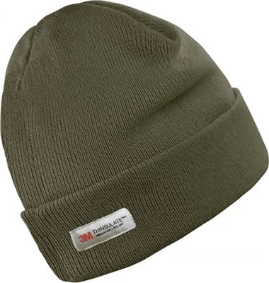 A close-up studio shot of a green beanie hat.