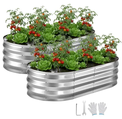 Obrázok produktu pre Kovový záhon - sada 2 ks - oválny záhon - rozmery 120 x 60 x 30 cm - pre vonkajšie použitie - s rukavicami - pre zeleninu a kvety - strieborný