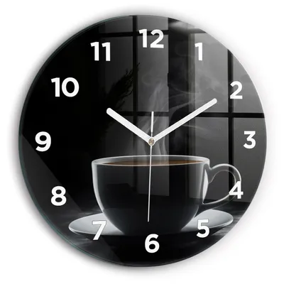 Produktbild von Wallfluent Wanduhr – Stilles Quarzuhrwerk - Uhr Dekoration Wohnzimmer Schlafzimmer Küche - Zifferblatt - weiße Zeiger - 30 cm - Tasse mit schwarzem Kaffee