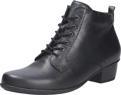 A black leather lace-up ankle boot with a low heel, shown from the side against a white background.